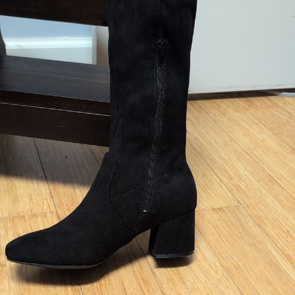 Sugar Ollie Black Over-the-Knee FabricSuede Pull Tie Top Lower Zipper Boots Sz8M - Picture 3 of 7